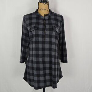 Ninedaily XL Plaid Tunic Top Black Gray Check Zip Roll‎ Tab Sleeve Casual Shirt